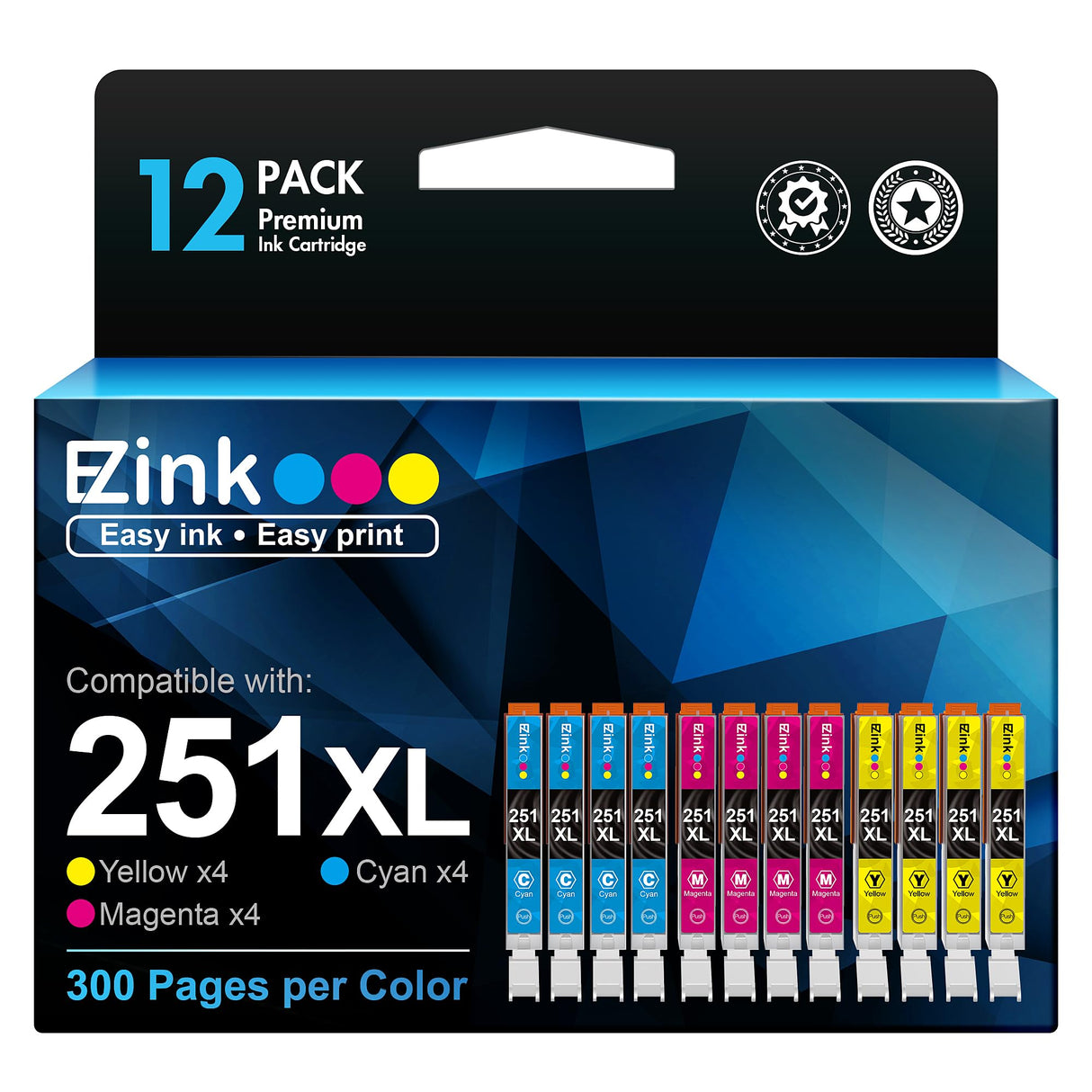 E-Z Ink Compatible Ink Cartridge Replacement for Canon CLI-251XL CLI 251 to use with PIXMA MX922 IP7220 MG5520 MG5420 IX6820 IP8720 MG7520 MG6320 Printer (4 Cyan, 4 Magenta, 4 Yellow, 12 Pack) E-Z Ink