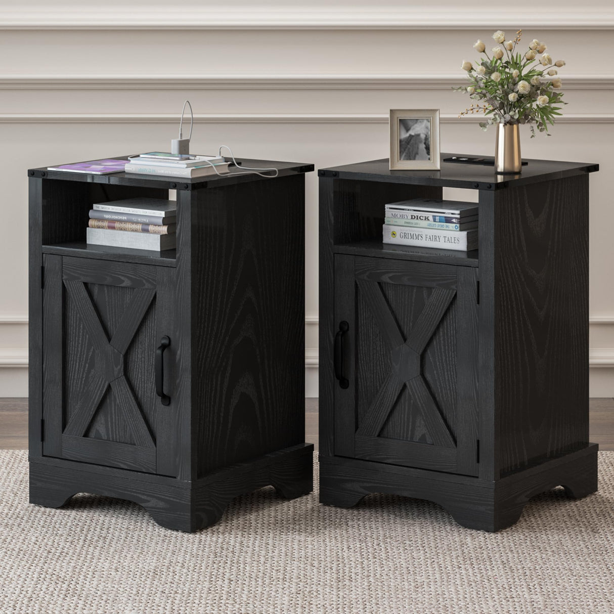 RoyalCraft Farmhouse Nightstand Set of 2 with Charging Station, Wooden End Table, Rustic Night Stand with Storage Cabinet and Shelf, Tall Bedside Table for Bedroom, Living Room, Black RoyalCraft