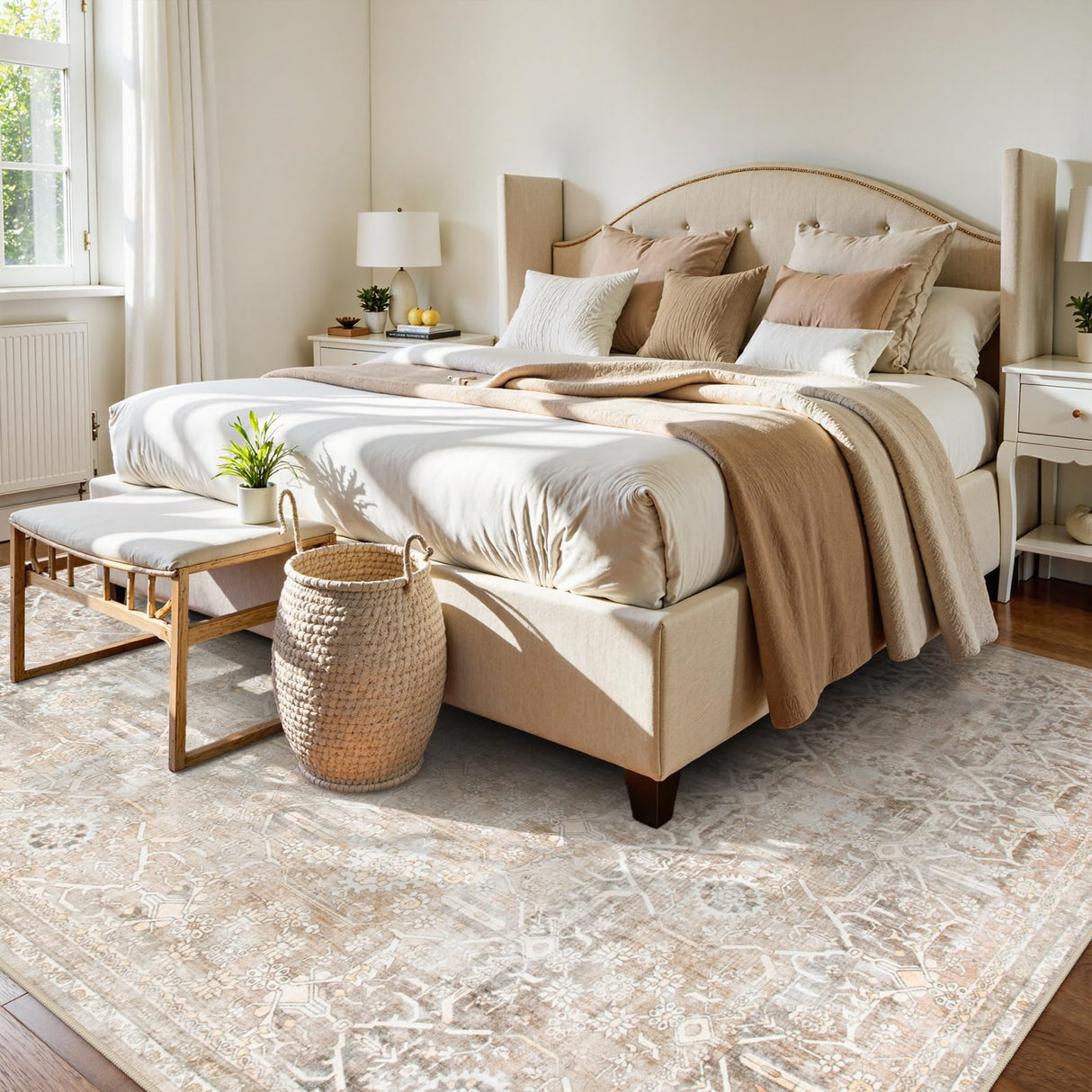 Collive Washable Area Rug 8x10, Neutral Boho Rugs for Living Room Rugs 8x10 Non Slip Farmhouse Modern Bedroom Carpet Stain Resistant Aesthetic Print Accent Floor Mat for Dining Guest Office - Beige Collive