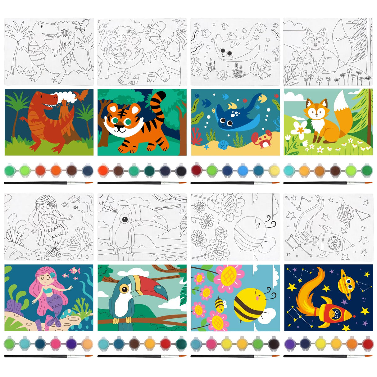 8 Packs Predrawn Canvas for Painting Kids Paint Canvas for Kids, 48 Paints, 8 Brushes 2 Easels, 8 6x8 Printed Canvas for Girls Boys and Beginners goldentime