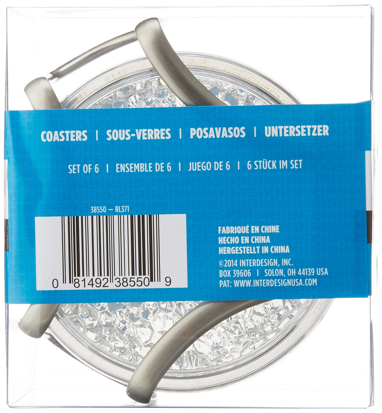 iDesign Rain Stainless Steel Drink Coasters with Holder for Home Counters, Kitchen, Dining Room, Living Room, Patio, Coffee Table, Set of 6, Clear InterDesign