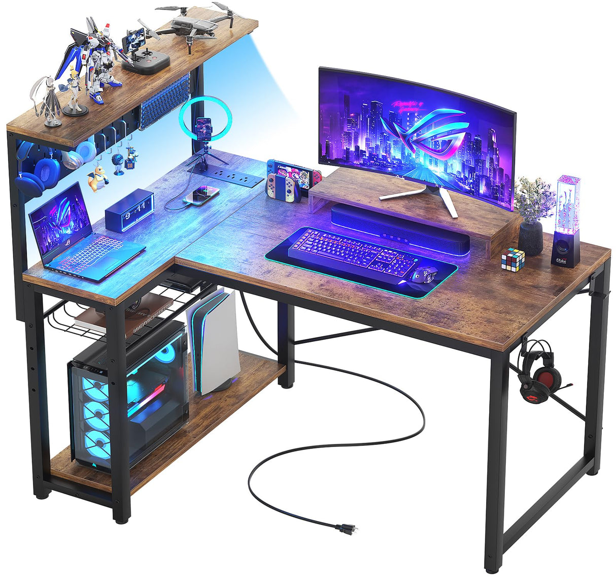 Homieasy Small Gaming Desk with Power Outlets Pegboard LED Light, 43 Inch L Shaped Computer Desk with Monitor Stand Storage Shelves, Reversible Corner Desk with Headset Hooks, Rustic Brown Homieasy