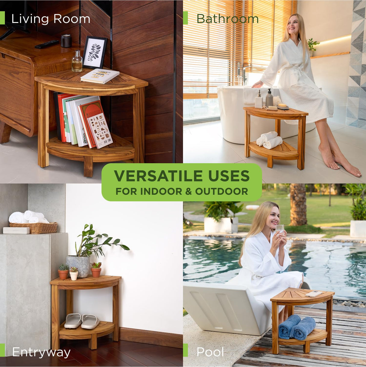 GREENTEAK Premium 15.7" Corner Shower Stool with Storage Shelf, Waterproof Teak Shower Stool for Shaving Legs and to Sit On, 2-Tier Shower Stool, Teak Shower Bench for Bathroom, 300 Lbs Capacity GREENTEAK