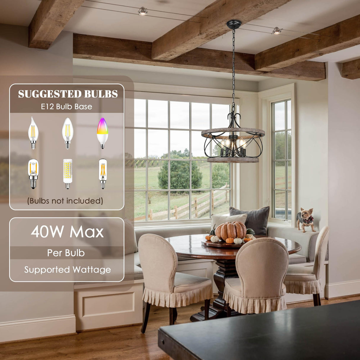 Dawn Whisper Farmhouse Chandelier, 20" Rustic Drum Chandelier Light Fixture Over Table, 5 Light Wood Chandeliers for dining room Dawn Whisper