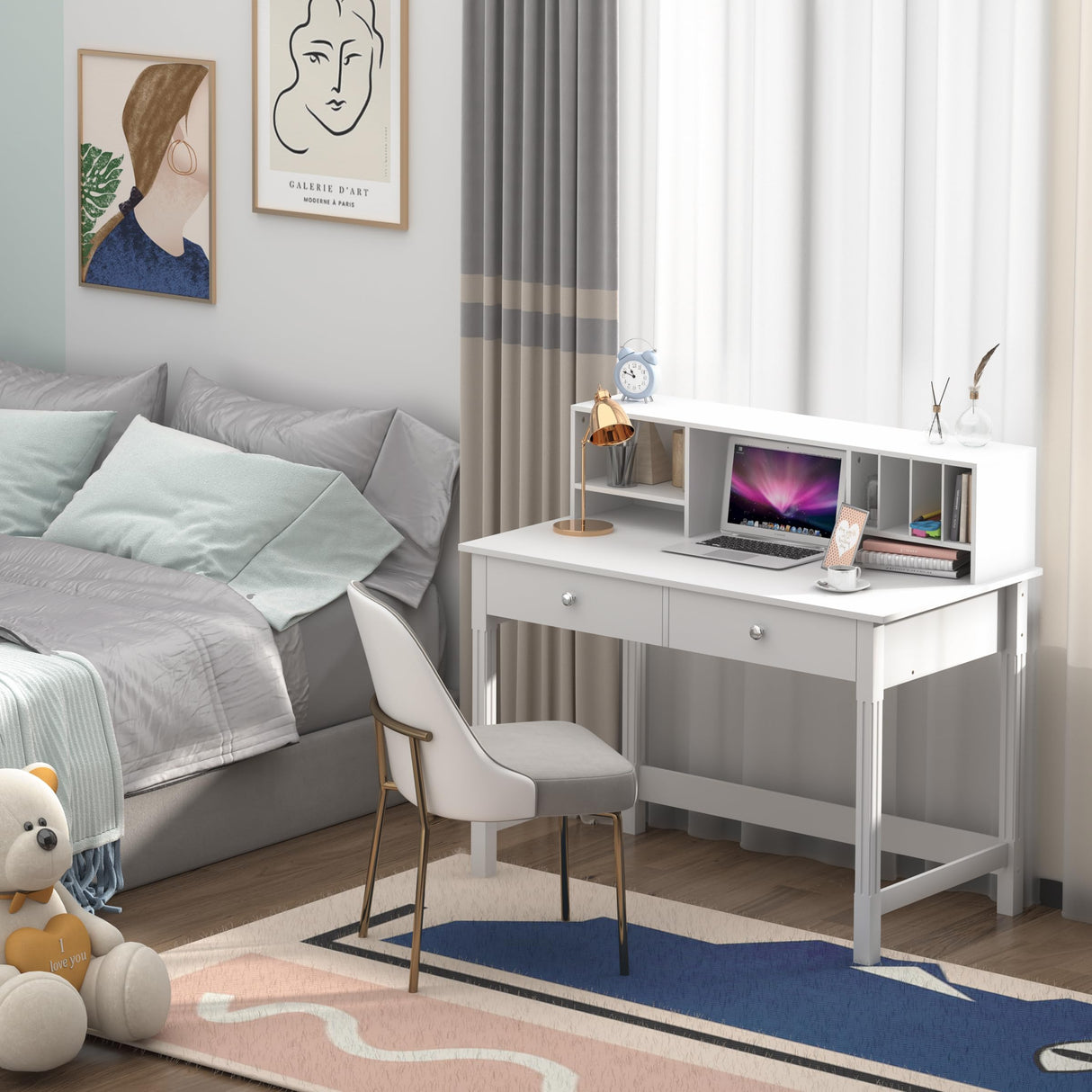 WiberWi Computer Desk with Drawers and Hutch, 43.3 inch White Home Office Desks Small Makeup Vanity Desk Table with Storage for Small Spaces Bedroom, Writing Desk Study Table WiberWi