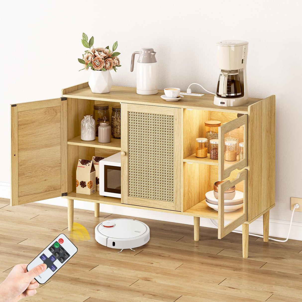 HOOBRO Buffet Cabinet with Power Outlet, 47.2" Kitchen Sideboard Storage Cabinet & LED Light, Rattan Decor Doors, Accent Cabinet Coffee Bar Cabinet Console Table for Hallway Entry, Natural NL120UDCB01 HOOBRO