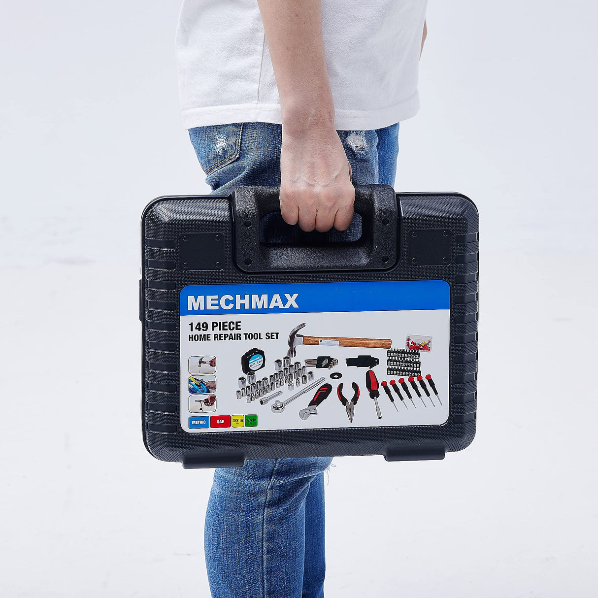 149 Piece MECHMAX Home Tool Set with Tool Box Storage Case, for Home, Office, Dorm, Back to School, Mechanic, Men, Car, Automotive, Hand Tool Kit and as A Gift MECHMAX