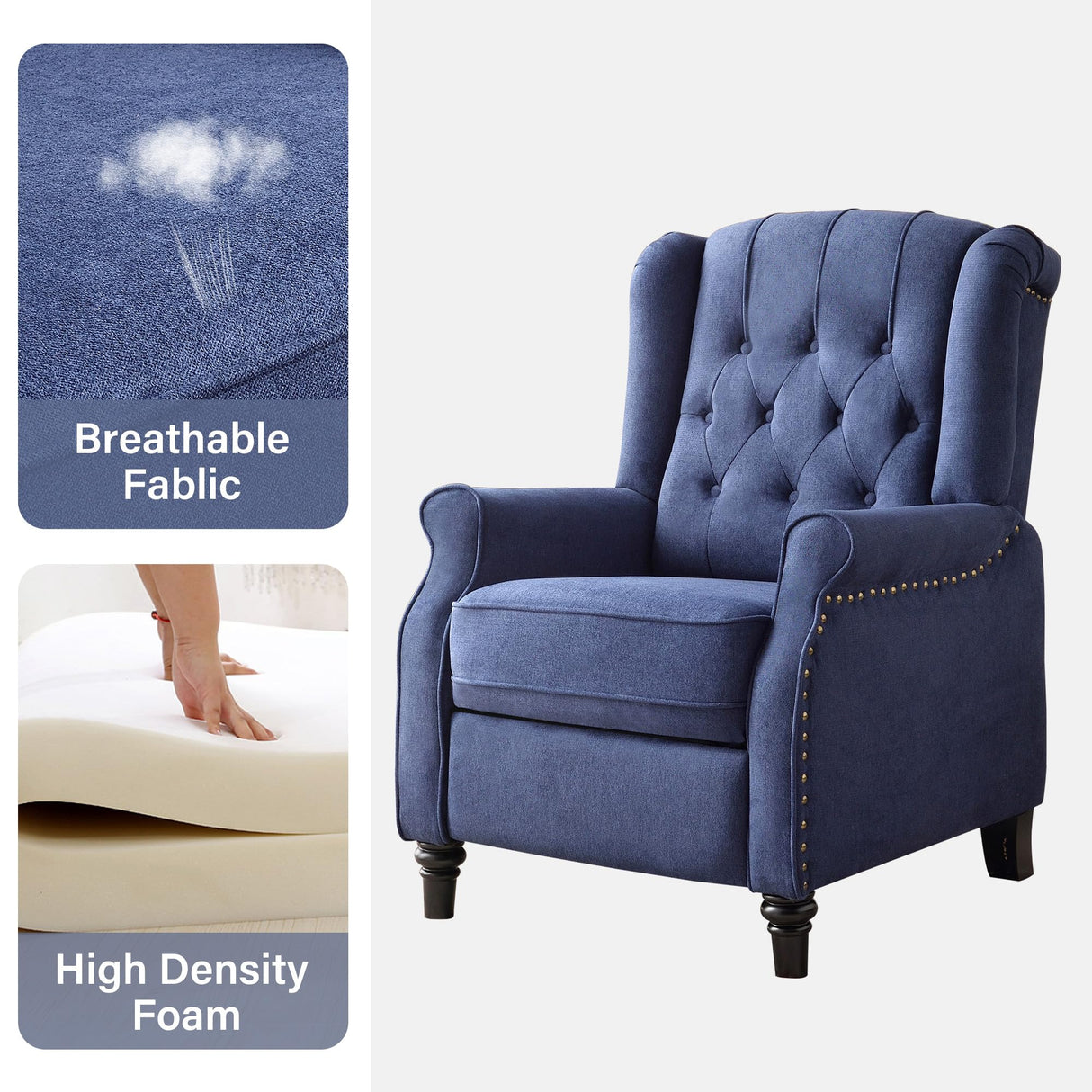 Wingback Pushback Recliner Chair, High Back Upholstered Armchair with Solid Wood Legs, Rivet Decoration, Blue Bonzy Home