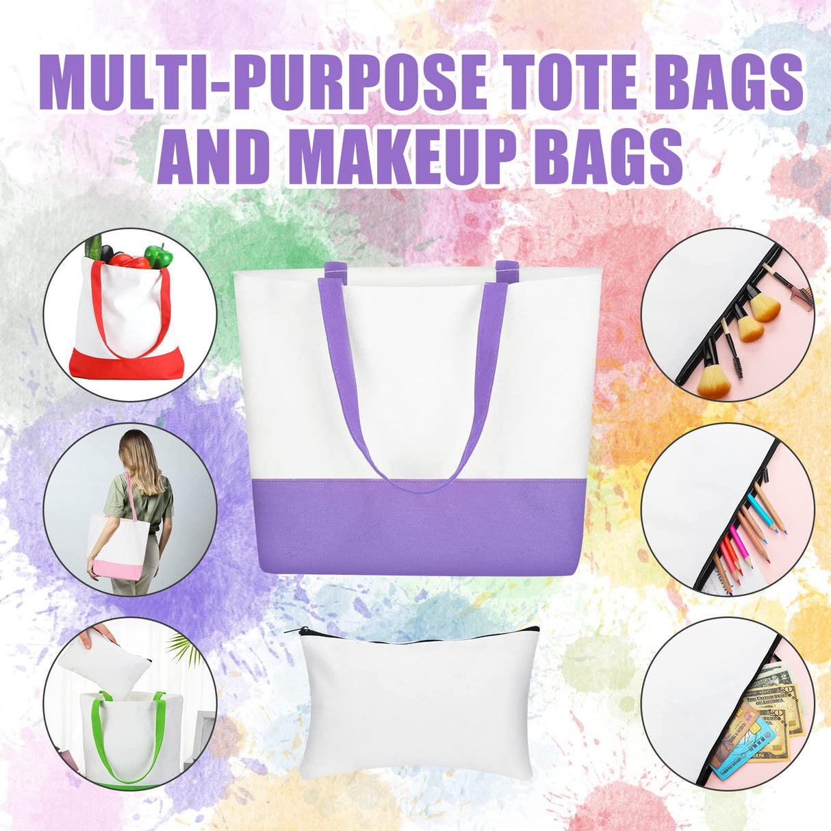 Moukeren 24 Pcs Canvas Tote Bag Bulk DIY Sublimation Blank Bag with Zipper Cosmetic Makeup Bag for Christmas Craft Gift(Patch) Moukeren