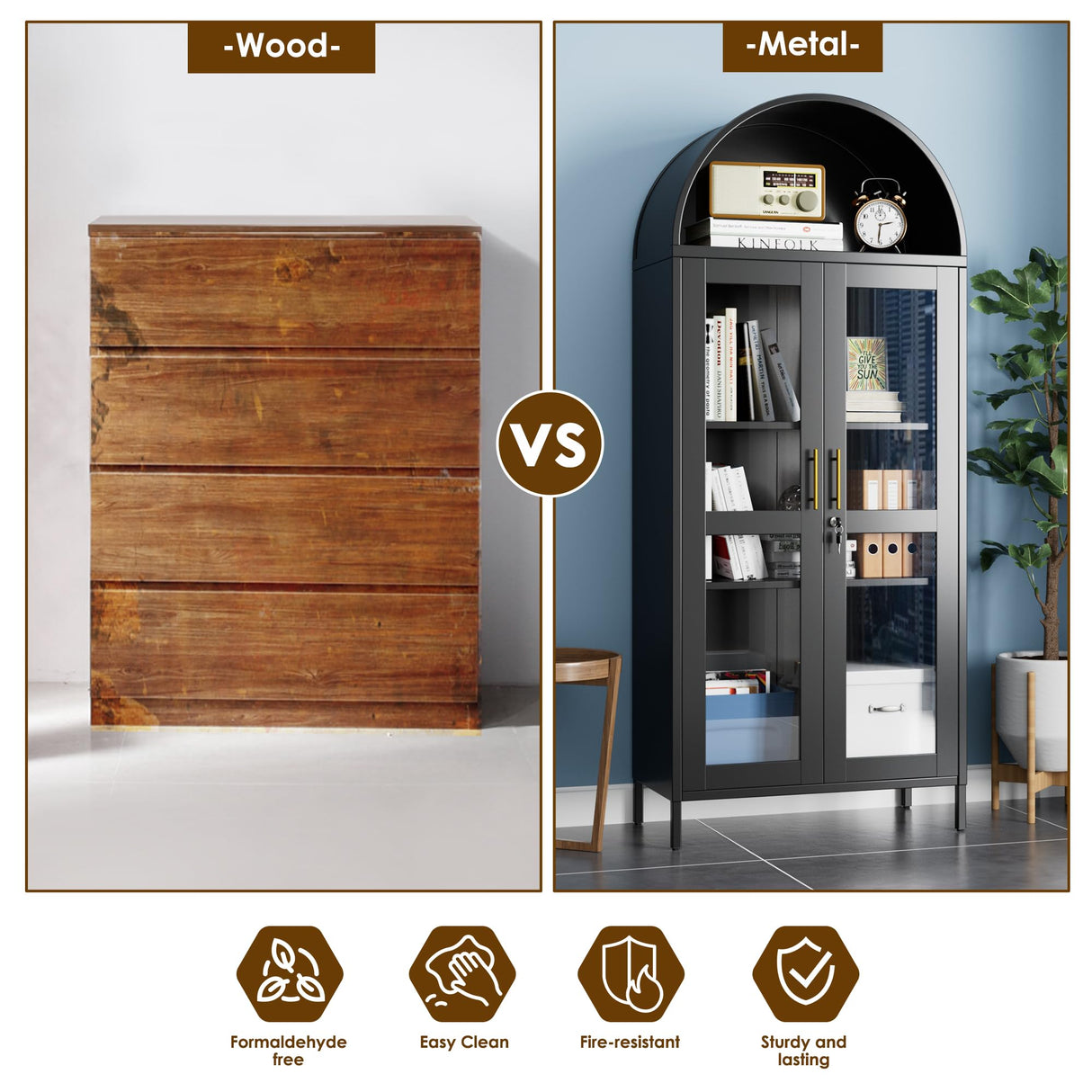 JAORD 73'' H Metal Arched Display Cabinet with Glass Door,Locking Kitchen Pantry Cabinet with Lockable Door and 2 Adjustable Shelves for Home Office, Assembly Required, Black JAORD