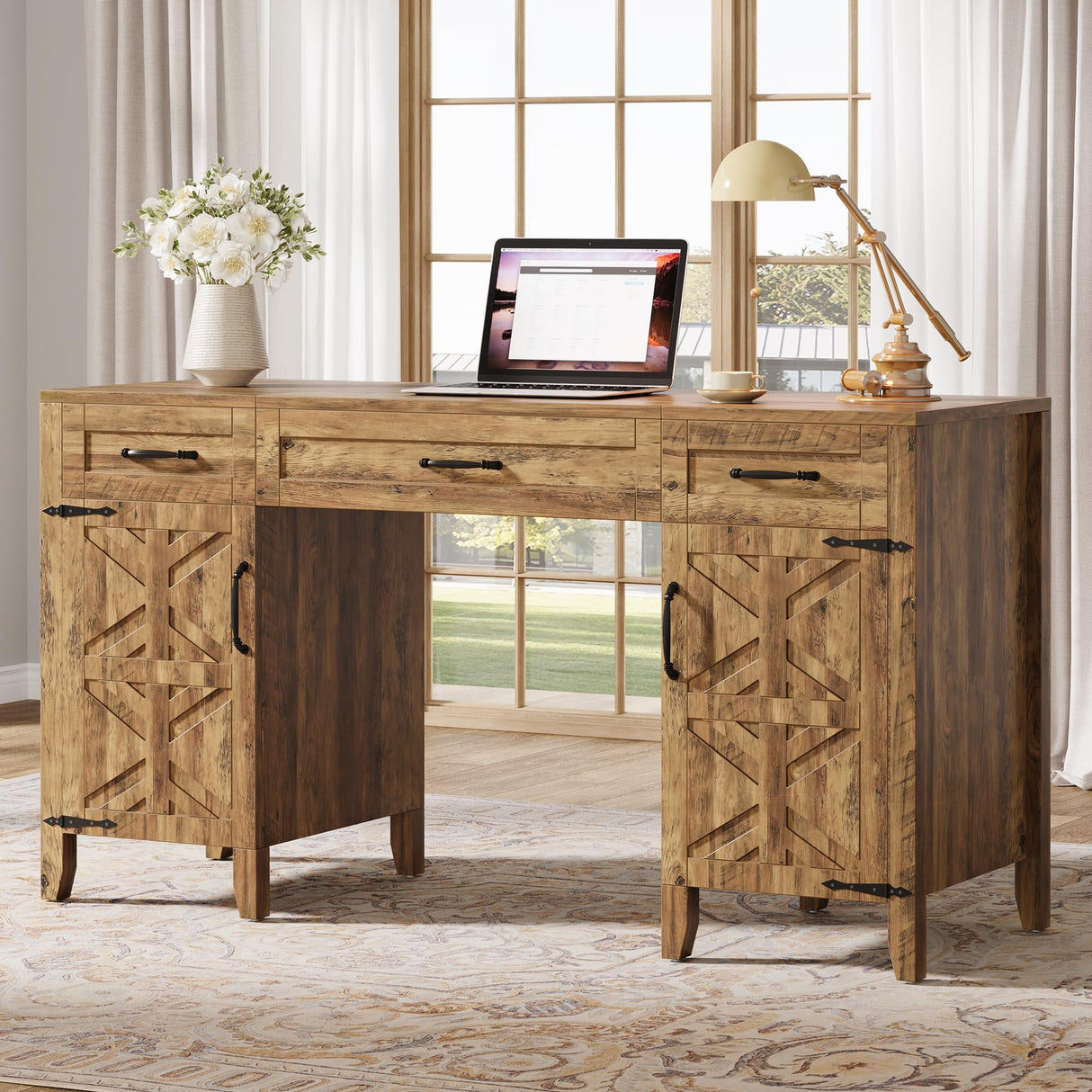 Tribesigns Farmhouse Executive Desk, 59-Inch Executive Computer Desk with File Drawers and Storage Cabinets, Rustic Writing and Study Desks for Home Office Tribesigns