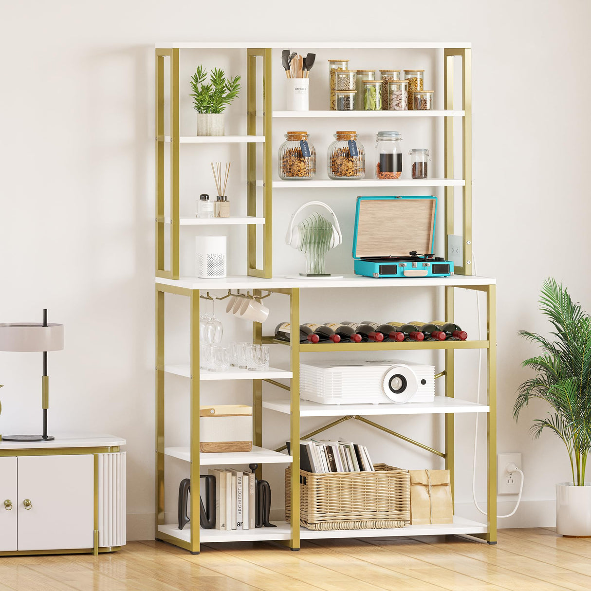 YITAHOME Kitchen Microwave Stand Bakers Rack Coffee Bar with Power Outlet, 39 Inch Large Freestanding Tall Dining Room Storage Shelves for Wine Liquor with Cup Holder, White Gold YITAHOME