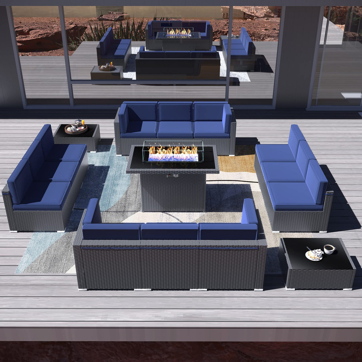Vakollia 15 Pieces Patio Furniture Set with 44" Propane Gas Fire Pit Table, Outdoor Sectional Wicker Conversation Sofa Sets with Coffee Table Vakollia