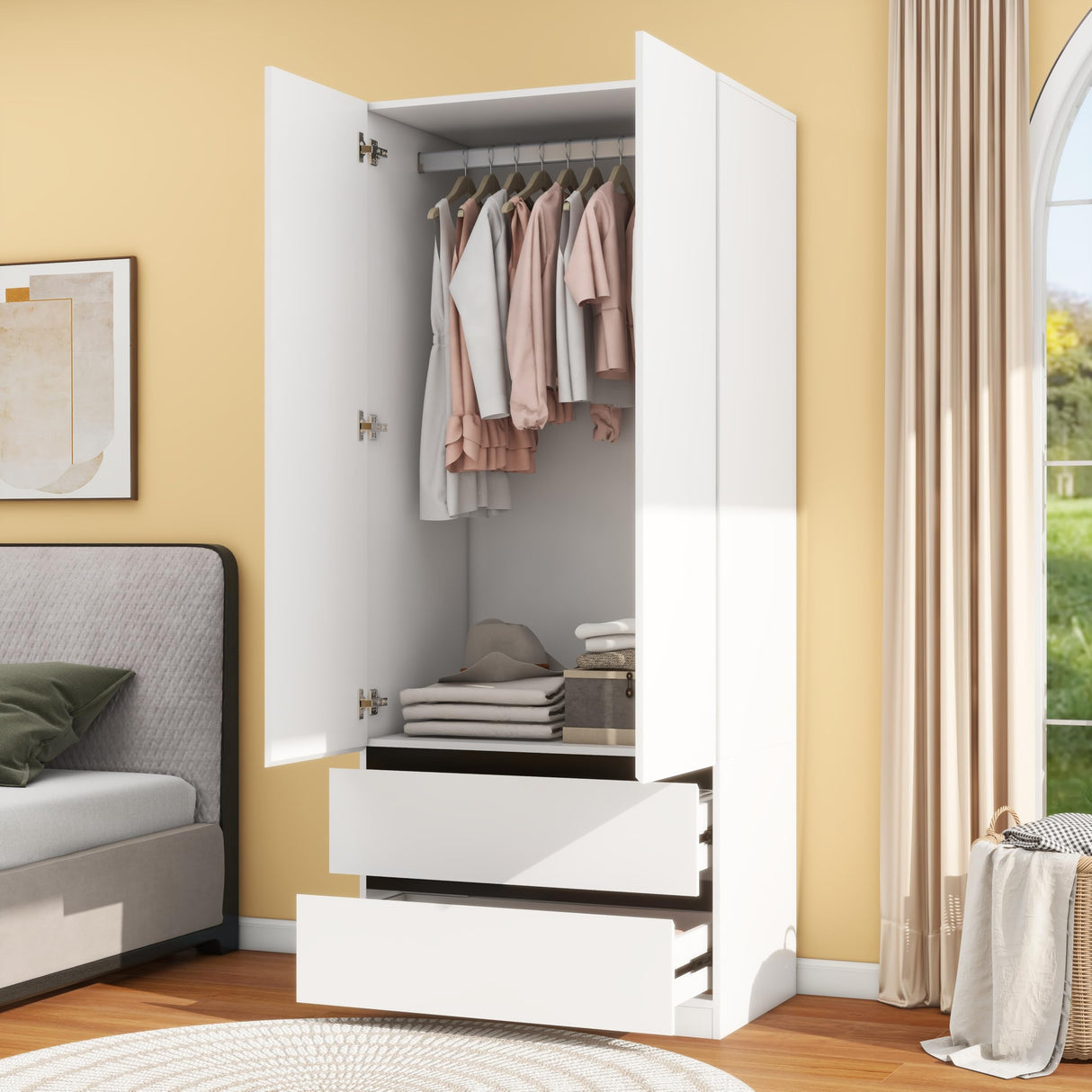 LABROSKIA Bedroom Armoire Wardrobe Closet with 2 Doors: 75" White Wooden Closet with 2 Drawers, Modern Large Wardrobe Closet for Hanging Clothes, Cabinet for Clothes(Contemporary, 1) LABROSKIA