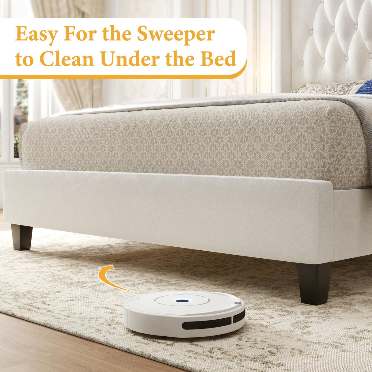 HISOFT Queen Bed Frame, Velvet Upholstered Queen Platform Bed with 48.8" Tall Wingback Headboard, Button Tufted, No Box Spring Needed, Noise-Free, Cream HISOFT