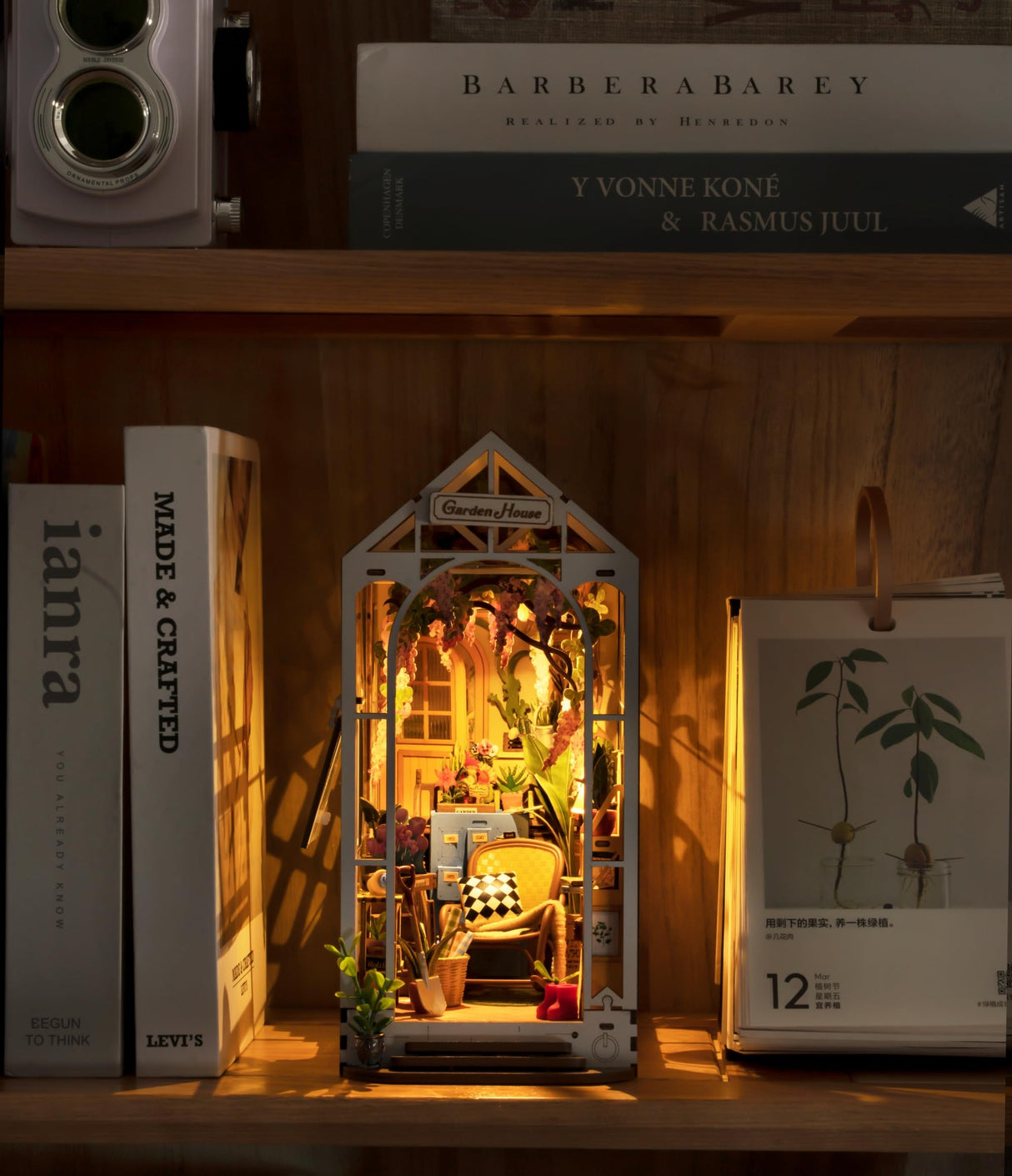 ROBOTIME Book Nook Kit - DIY Miniature House Kit, 3D Wooden Puzzle Booknook, Bookend Bookshelf Insert Decor with LED Light, DollhouseTiny House Hobby Diorama Kit Unique Gifts (Garden House) ROBOTIME