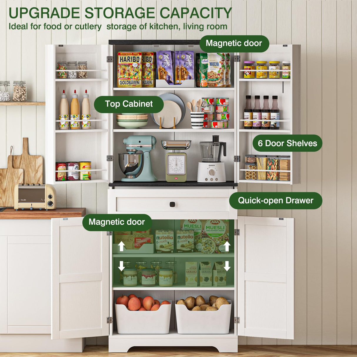 72" Farmhouse Kitchen Pantry Cabinet with Adjustable Shelves and Drawer, Rustic Storage Organizer with Countertop and Door Shelving, Tall Wooden Cupboard for Kitchen, Dining Room, Off White PLYFOU