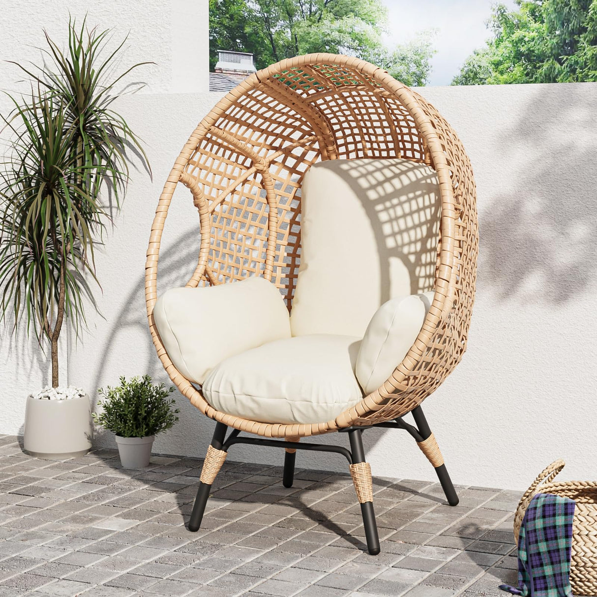 CHINNLUU Outdoor Egg Chair Wicker Oversized Egg Basket Chair with Stand Lounger Chairs with Cushion 500lbs Capacity for Patio Garden Backyard Balcony CHINNLUU