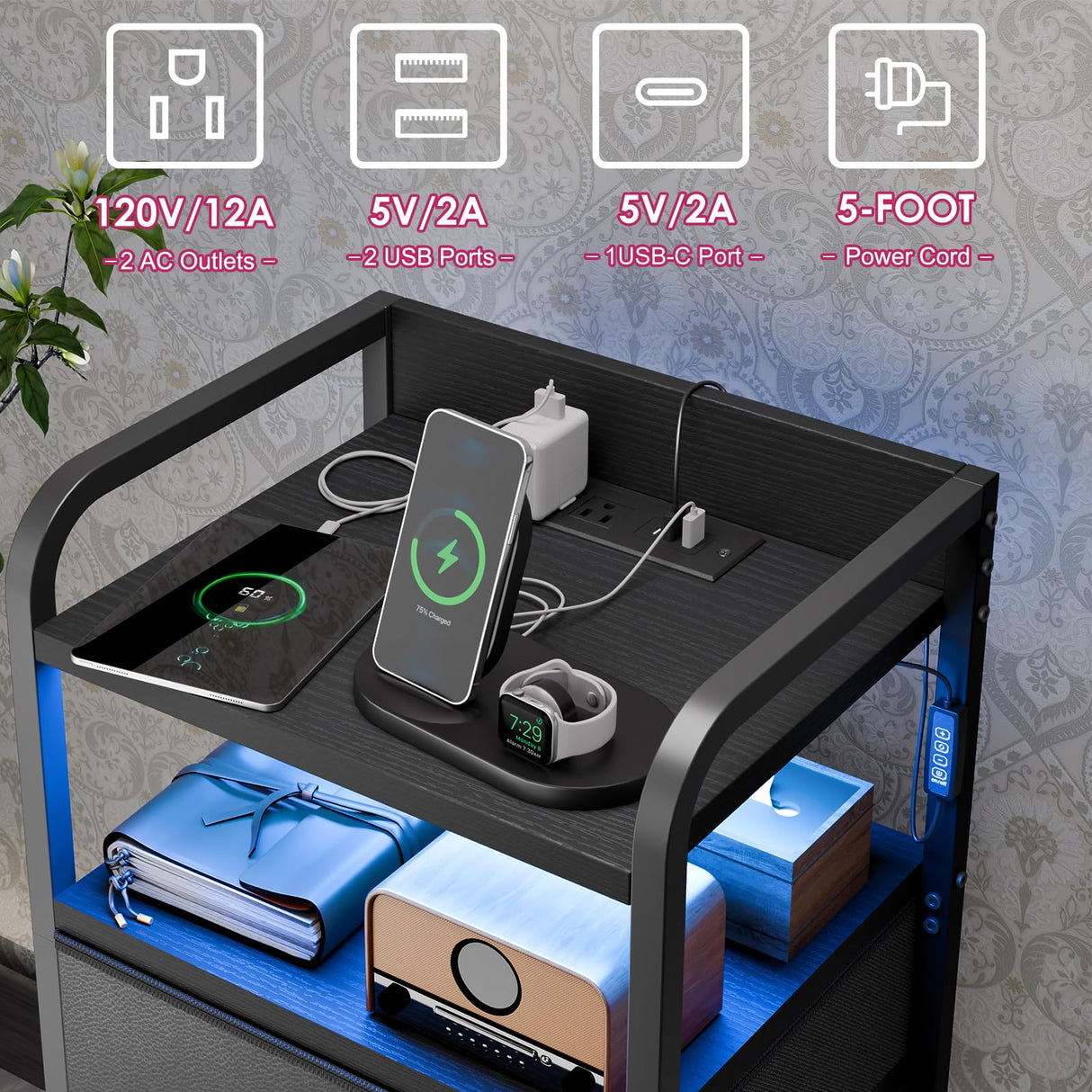 Fixwal Black Night Stand with Charging Station, Tall LED Nightstand with 4 Fabric Drawers, Bedside Table for Bedroom Fixwal