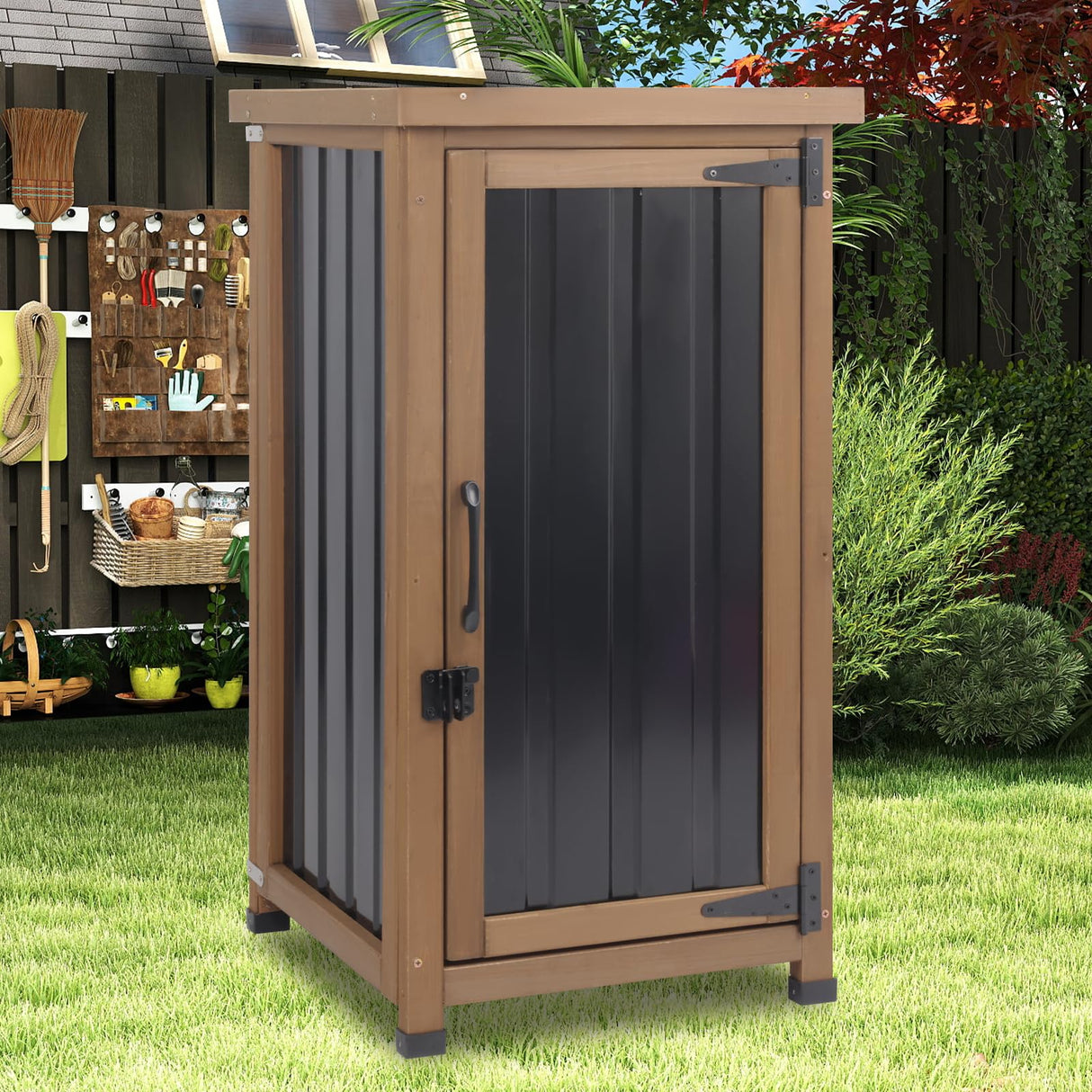 Outdoor Storage Cabinet Waterproof with Metal Top, Wooden Potting Bench Table Tool Organizer with Adjustable Shelf for Patio Backyard Garden PetsCosset