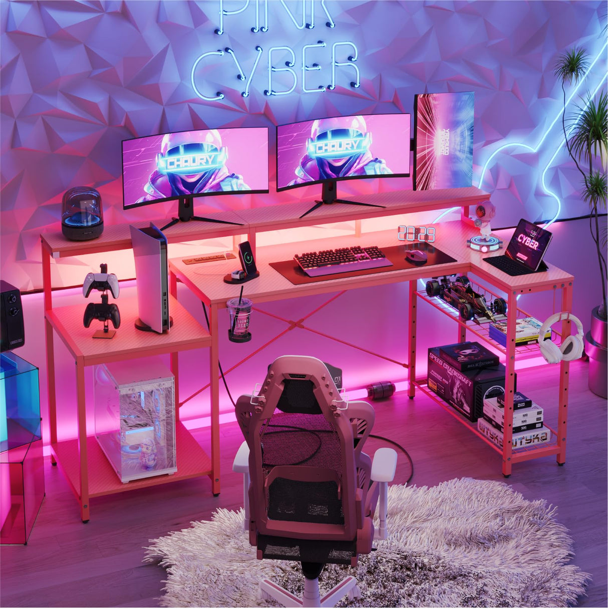 Bestier 71.5 inch Gaming Desk with Power Outlet, Large LED Computer Desk with Monitor Stand, L Shaped Desk with Storage Shelf, Cup Holder & Headset Hooks, Corner Gamer Desk for Bedroom Pink Bestier