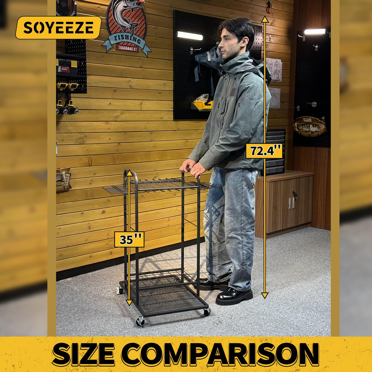 SOYEEZE Garden Tool Organizer with Lockable Wheels, Heavy Duty 3-Tier Yard Tower Tool Rack for Garage, Holds Up to 35 Long-Handled Tools, Garden Tool Cart with 12 Hooks for Tool Organization Storage SOYEEZE