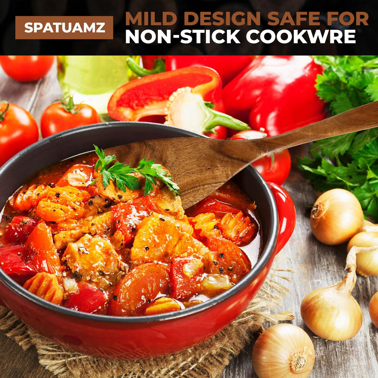 Wooden Cooking Spoons, Ladle and Spatula, Fine Polished Teak Wood Cooking Utensils Set, Nonstick Wooden Kitchen Spoon & Spatula Set(6Pcs) SPATUAMZ