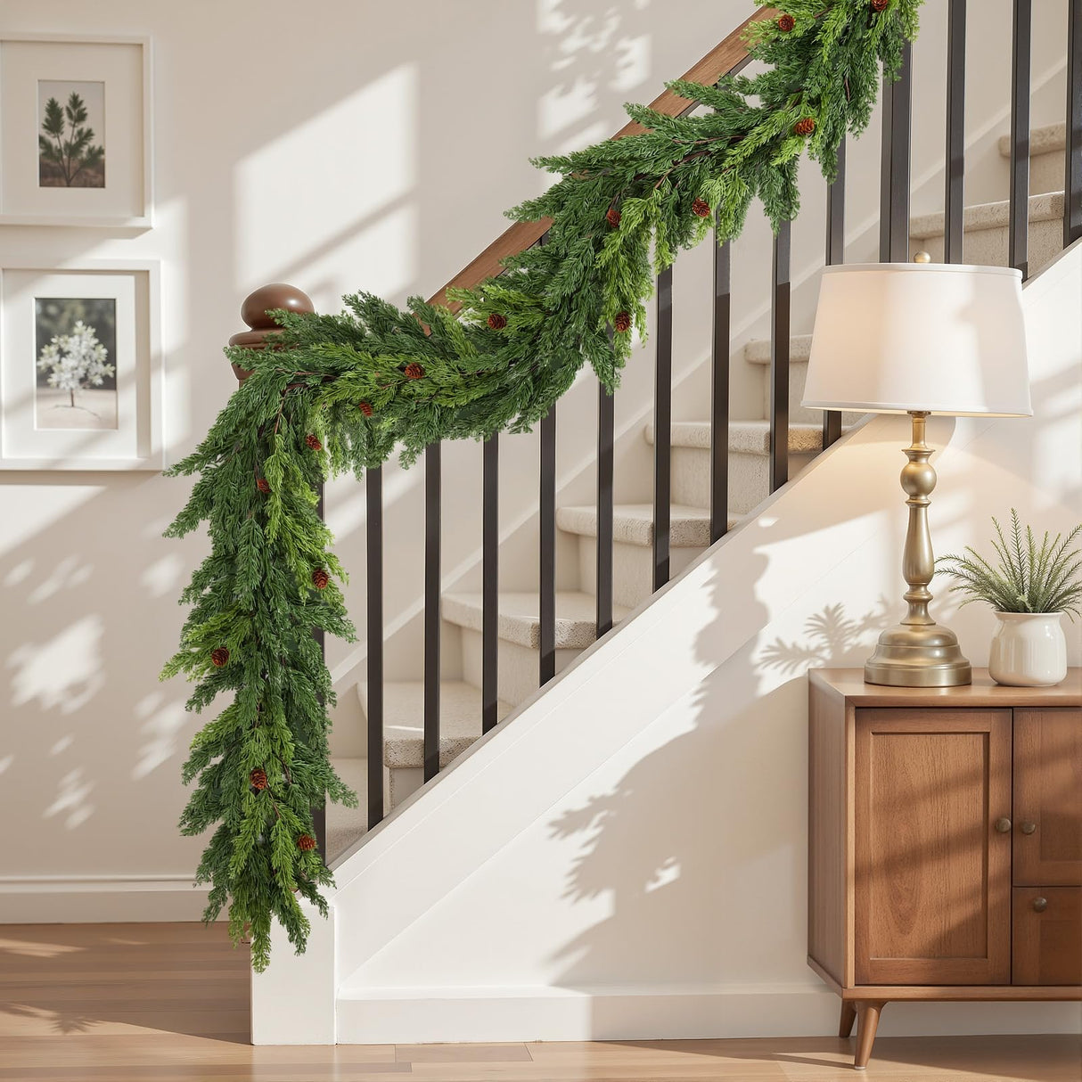 2PCS Christmas Garland, Cedar Garland -Realistic Greenery Cypress Pine Garland with Pinecone for Mantle Table Railing Fireplace Indoor & Outdoor Christmas Decoration Alupssuc