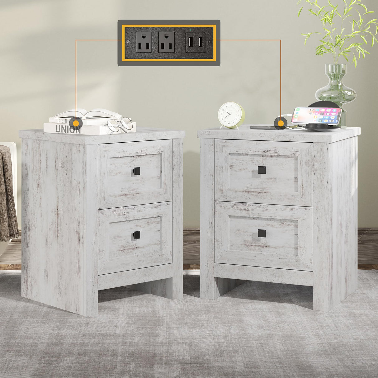 AMERLIFE Large Nightstand Set of 2 with Charging Station, Bedside Table with USB Ports and Outlets, Farmhouse Wood End Table for Bedroom, Living Room, Distressed White AMERLIFE