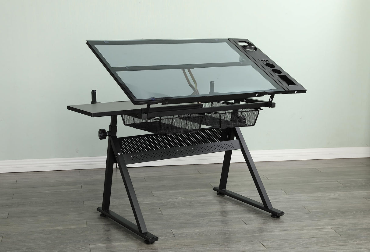 Olela Drafting Desk, Height Adjustable Drafting Table Versatile Art Craft Artists Paintings Storage Work Station with Tilting Temped Glasses Tabletop and Stool (Drawing Table - 1) Olela