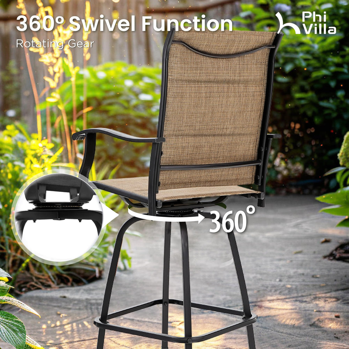 PHI VILLA 7 Piece Patio Bar Dining Set, Bar Height Outdoor Table and Chairs with 6 Swivel Bar Stools (Padded Textilene) & Large Rectangle Metal Table for Deck, Garden and Yard PHI VILLA