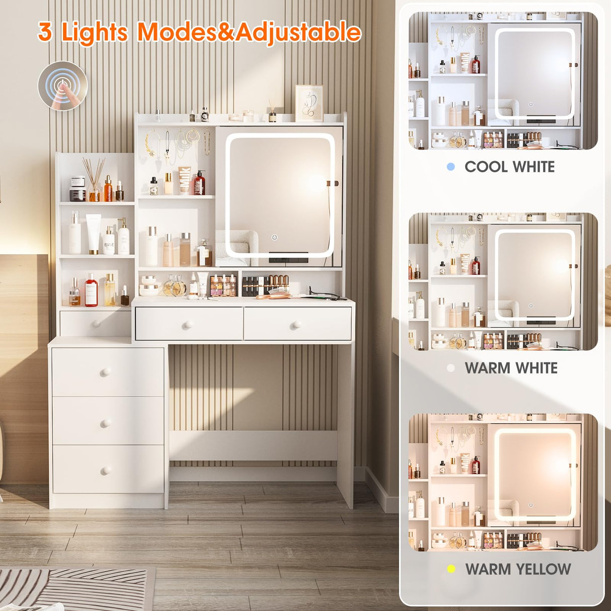 Vabches Vanity Desk with Mirror and Lights,Makeup Vanity with 6 Drawers and Shelves,Vanity Table with Power Outlet,Makeup Desk with Led Lighted Mirror in 3 Colors,for Bedroom,White Vabches
