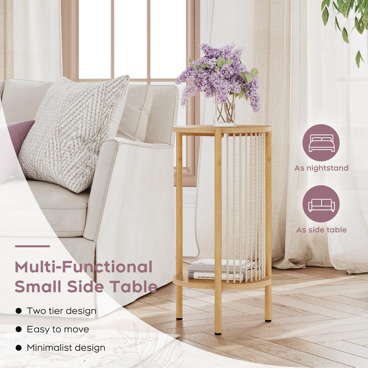 Brafab Natural Fiber Rope Coffee Table Set of 3 for Living Room, Round Rattan Coffee Table and Two End Tables, Boho 2 Tier Modern Side Table with Metal Frame for Apartment Office (Natural)