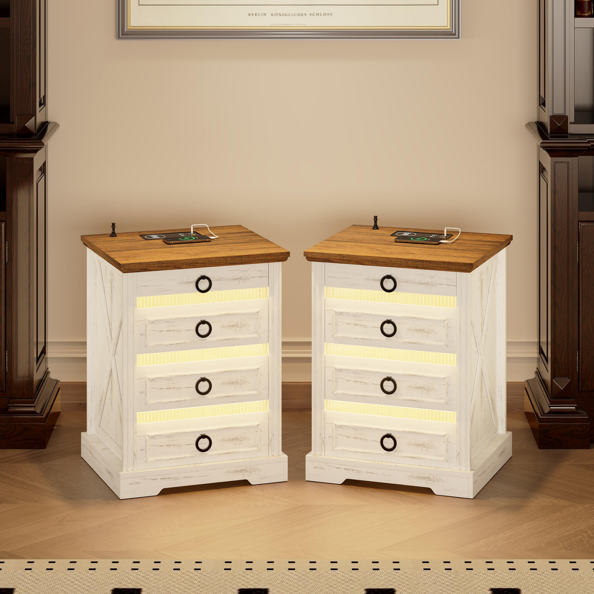 TAGELIER Night Stand Set 2 with Gun Drawer, Farmhouse Bedside Table with Charging Station, Gun Nightstand with LED Light & Human Sensor, Smart End Table for Bedroom, Antique White TAGELIER