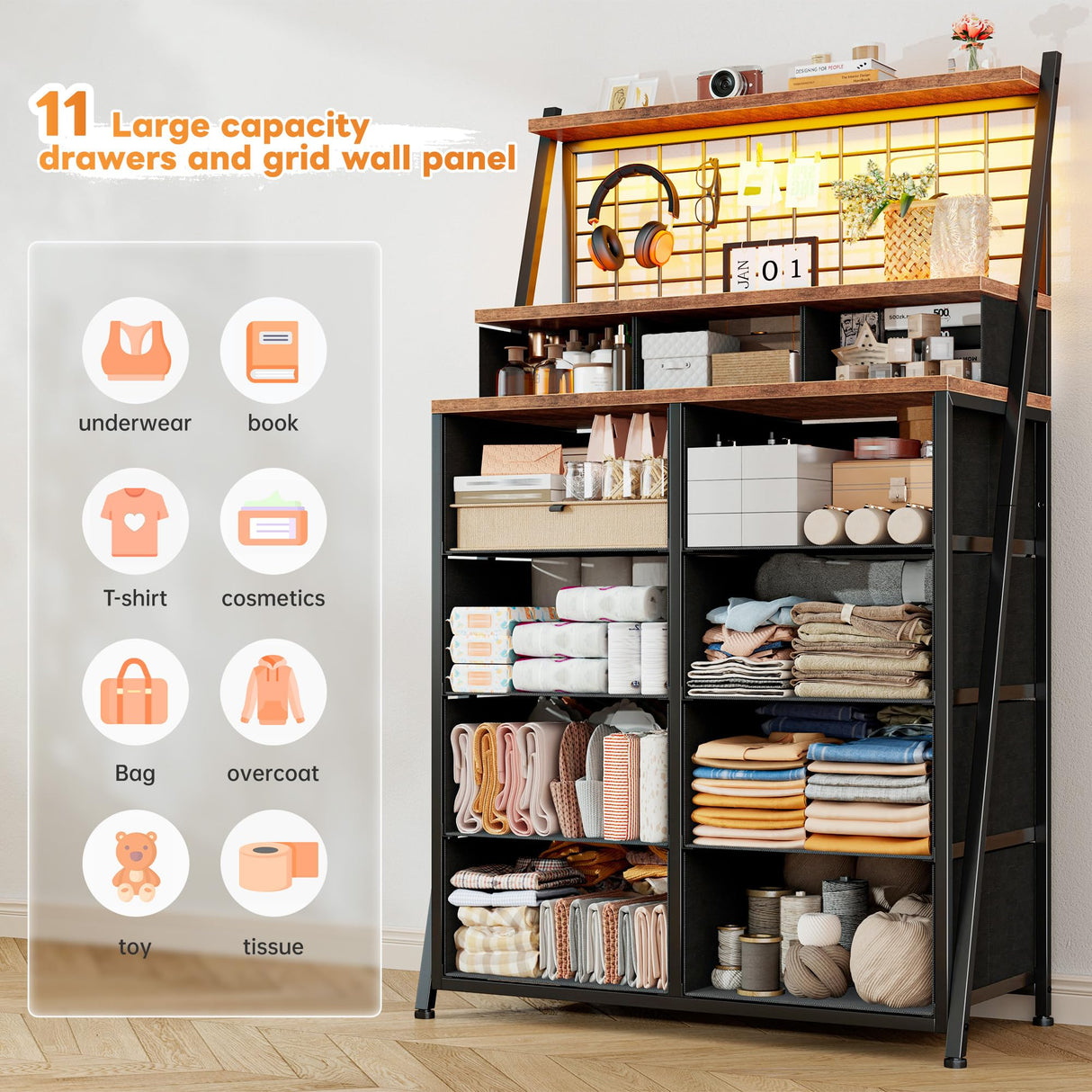 EnHomee Dresser for Bedroom with 11 Drawers Tall Dresser with LED Lights Fabric Chests of Drawers with Grid Wall Panel,3 Tier Shelves,Metal Frame,Closet,Study,Rustic Brown,33.9" Wx11.8 Dx51.2 H EnHomee