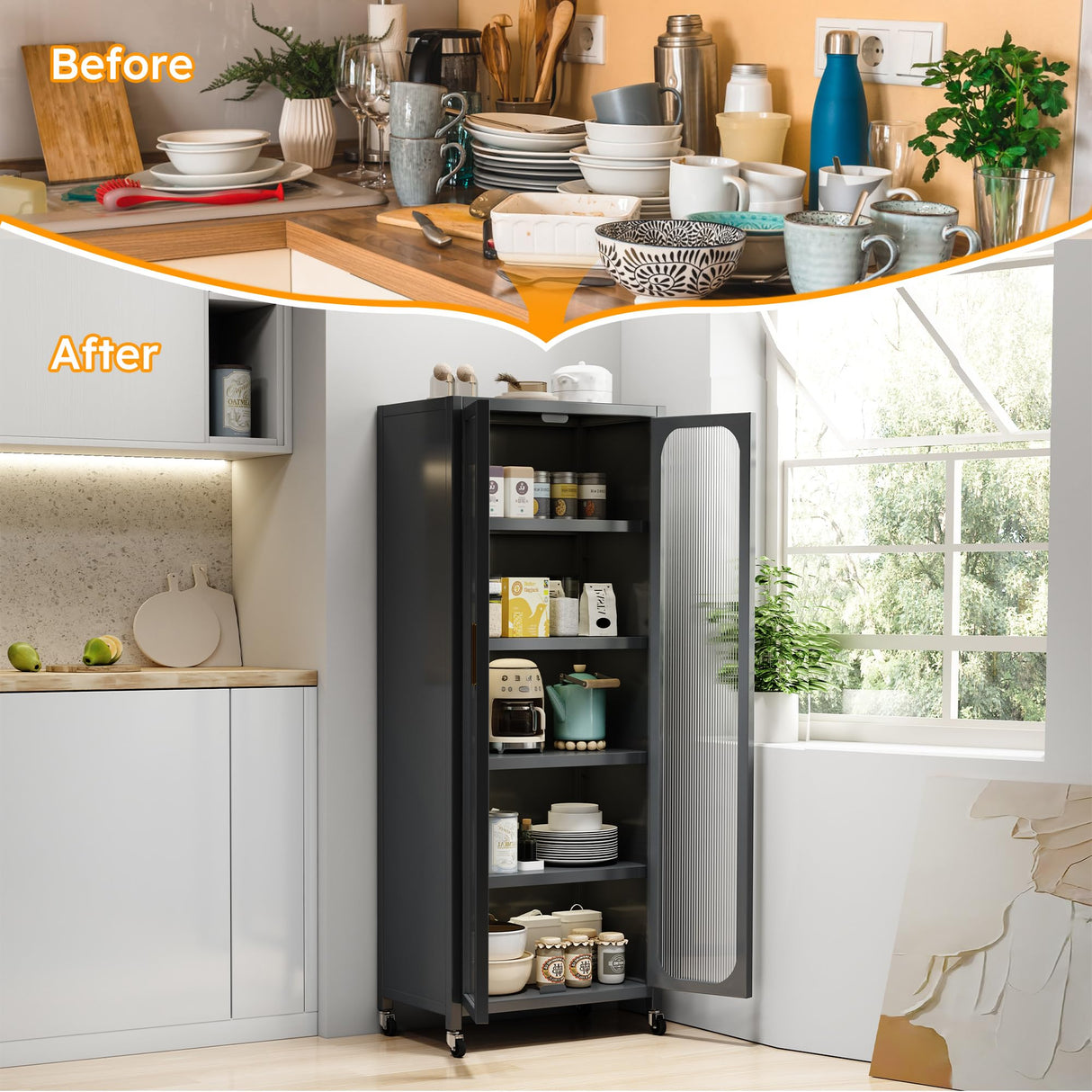 Runboll Kitchen Pantry Storage Cabinet, 6 Tier Metal Sideboard with Wheels and Acrylic Glass Door, Modern Display Curio Cabinet Bookcase Runboll