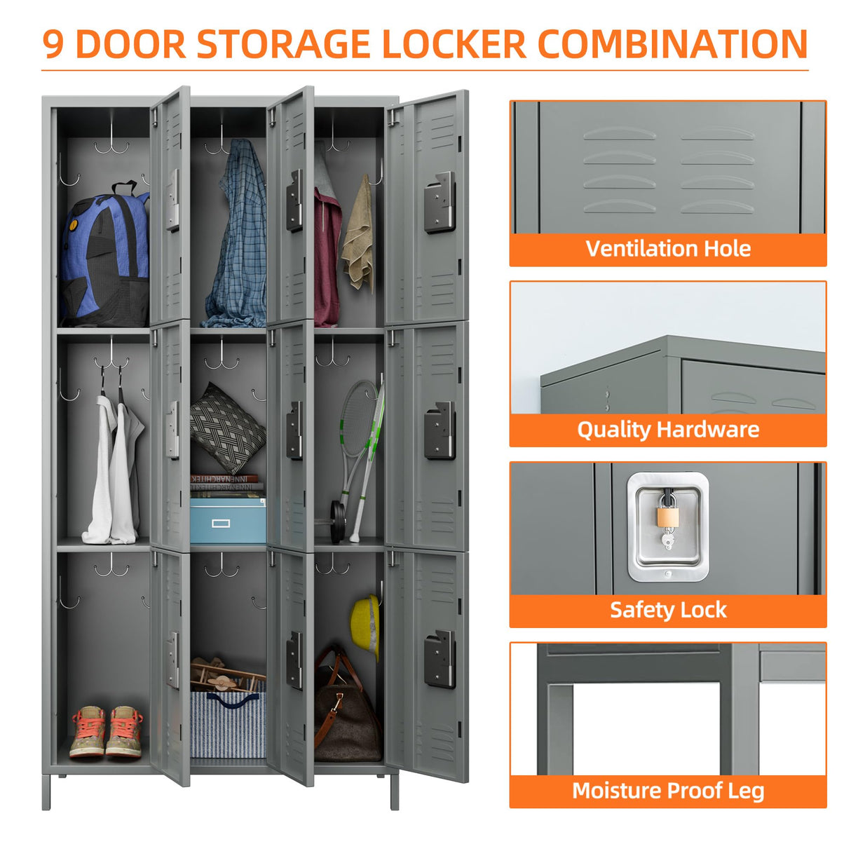 SUXXAN Employee Metal Locker, 72" Tall Metal Storage Lockers with 9 Doors, Lockers for Storage in Gyms, Homes, Garages, and Offices with SUXXAN
