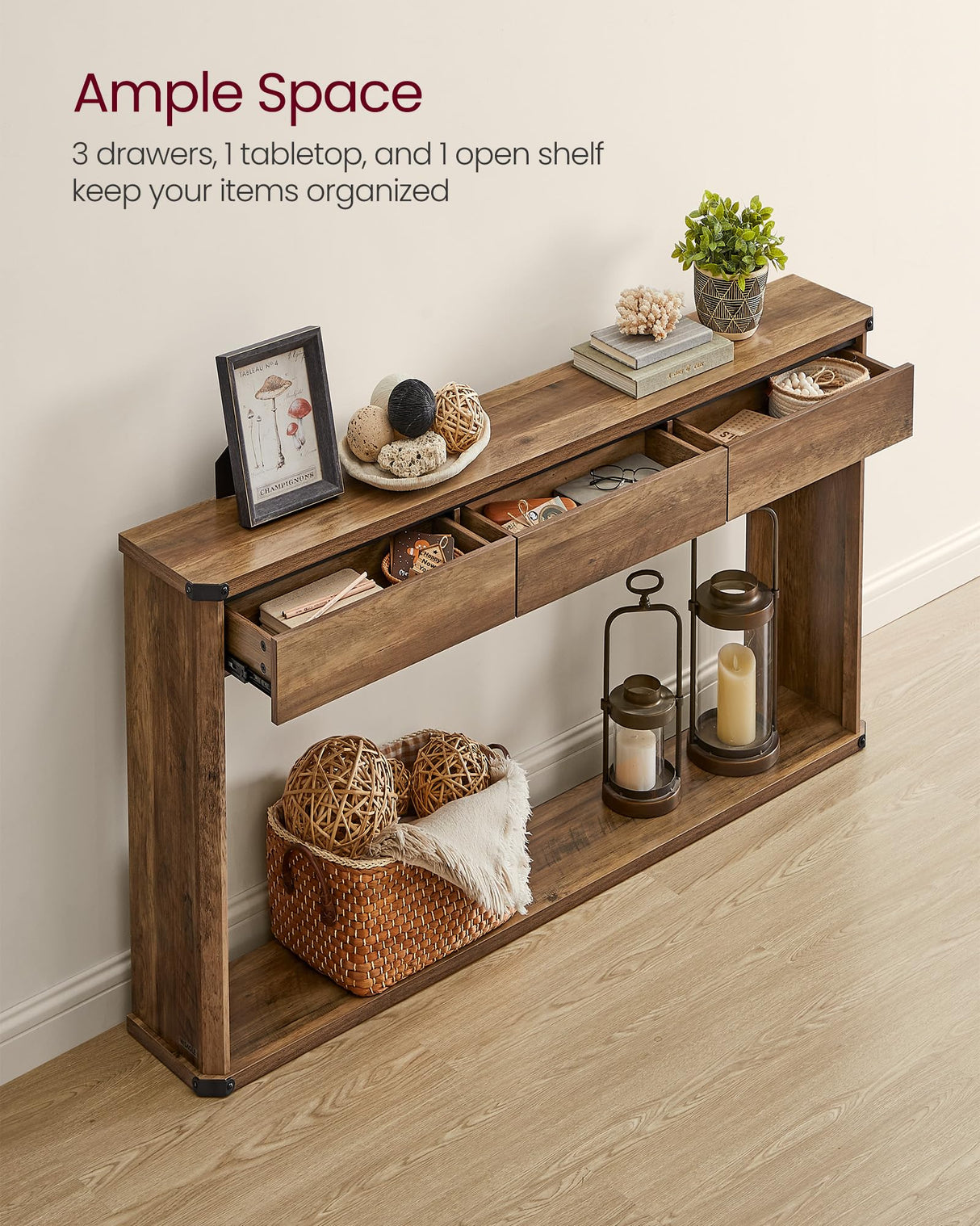 VASAGLE Console Table, 47.2 Inches Sofa Table, Narrow Entryway Table, Entry Table with 3 Drawers, Bottom Shelf, Metal Corners, for Living Room, Bedroom, Farmhouse Style, Honey Brown ULNT143K41 VASAGLE