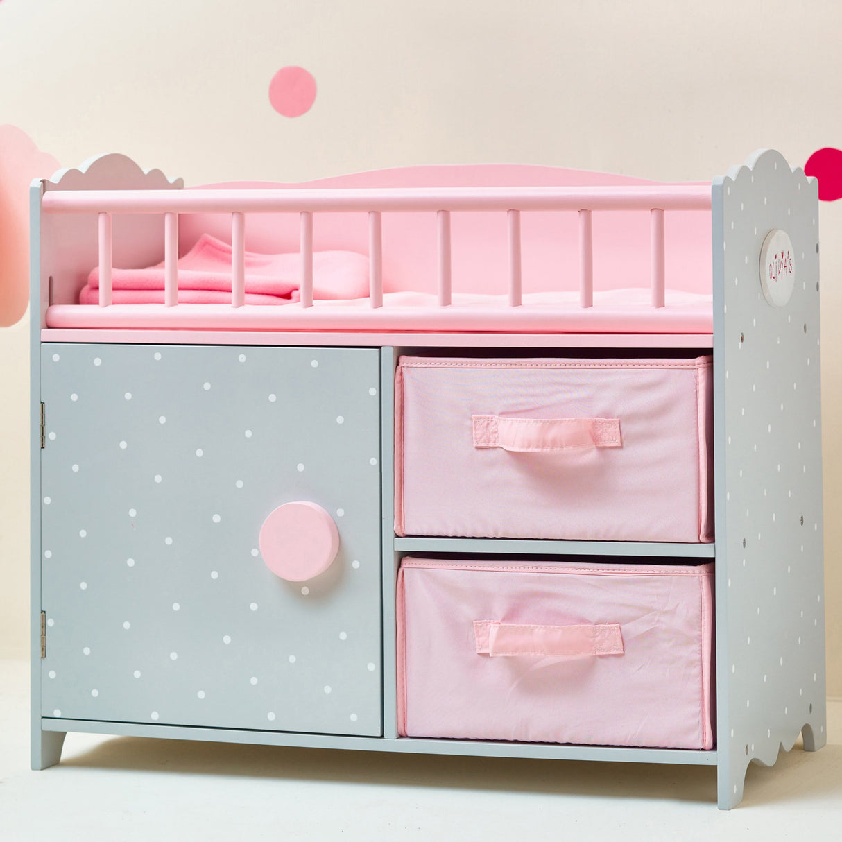 Olivia's Little World Wooden Baby Doll Crib with a Cabinet and Two Cubbies for Doll Accessory Storage Underneath, Pink and Gray and White Polka Dots Olivia's Little World