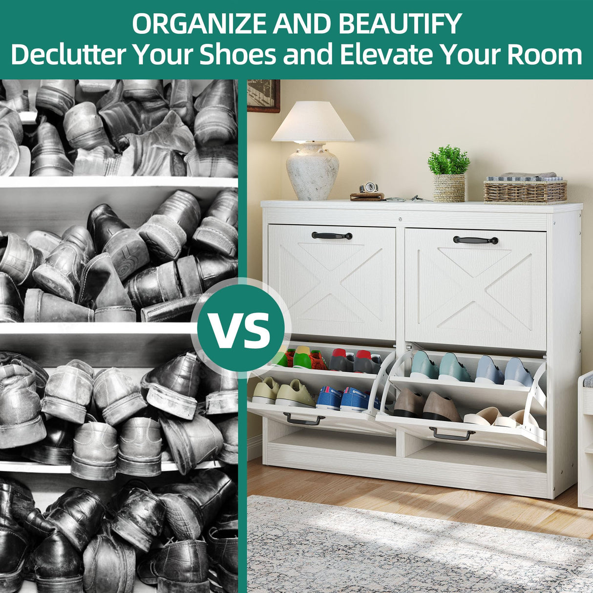 YITAHOME Shoe Cabinet with 4 Flip Drawers, Freestanding Shoe Rack, Shoe Organizer, Narrow Shoe Cabinet for EntryWay Hallway Living Room, White YITAHOME