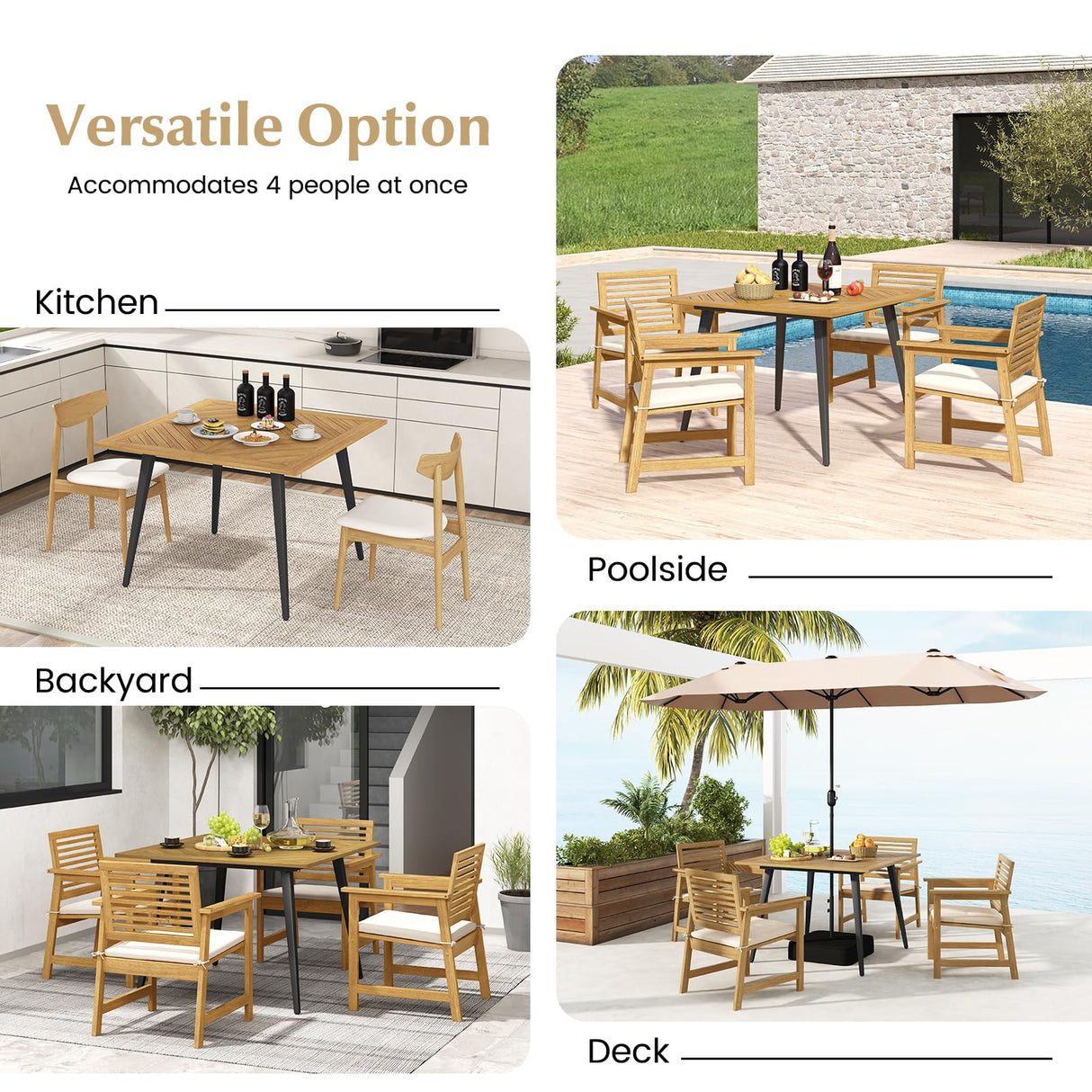 Tangkula 4-Person Outdoor Dining Table, 42.5” Acacia Wood Patio Table with 1.9” Umbrella Hole, Metal Legs & Adjustable Foot Pads, Farmhouse Bistro Table for Garden, Poolside & Backyard Tangkula