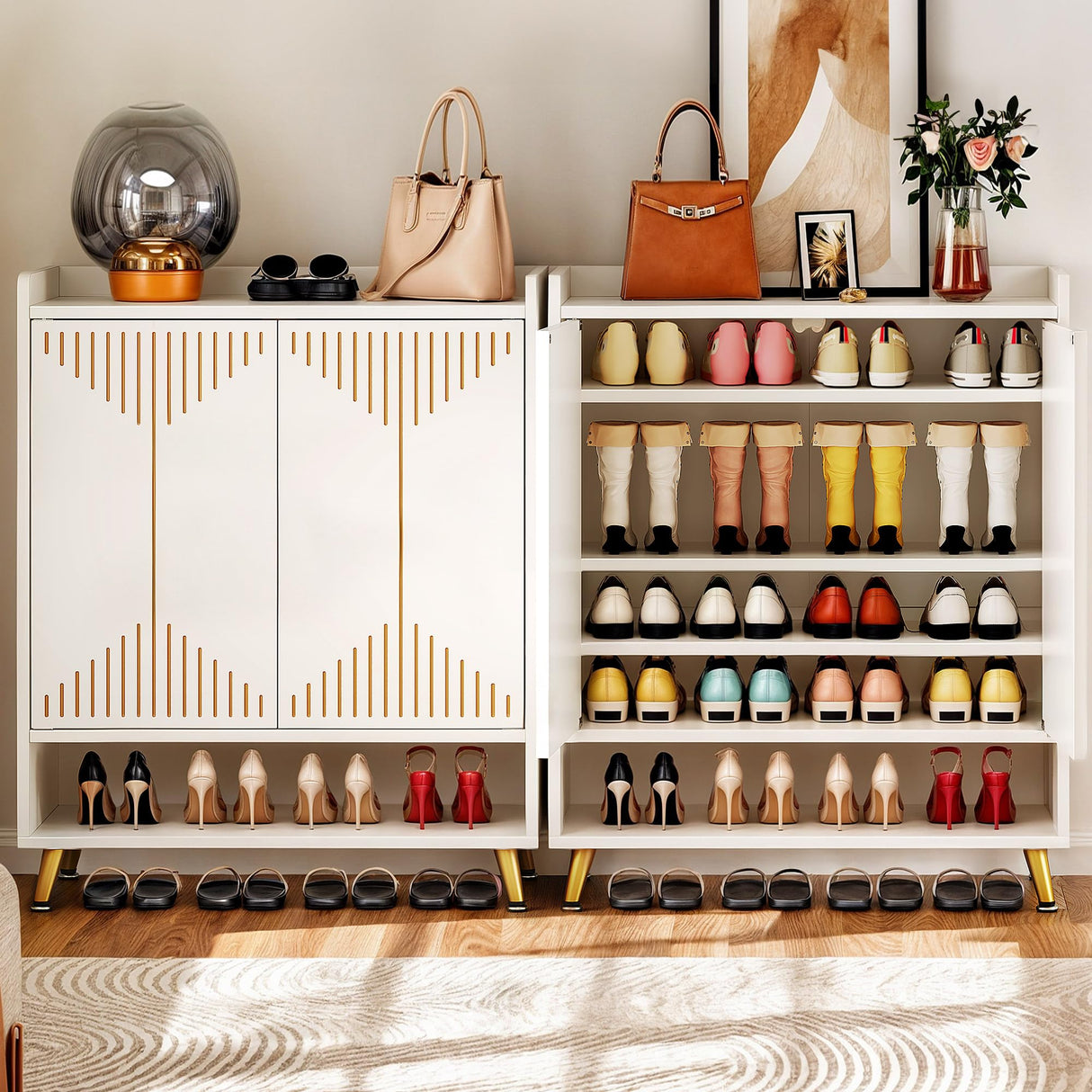 YITAHOME Shoe Cabinet with Doors for Entryway, 5-Tier White Shoe Storage Cabinet Modern Self-Supporting Wood Organizer Cabinet for Entryway Living Room Hallway, White&Gold YITAHOME