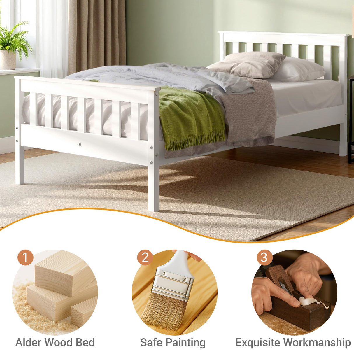 Twin Bed Frame with Headboard & Footboard,13 Wood Slats Support Wooden Platform, No Box Spring Needed, Easy Assembly, Farmhouse Style for Single Kids Room (38x75) -White KOBY HOME