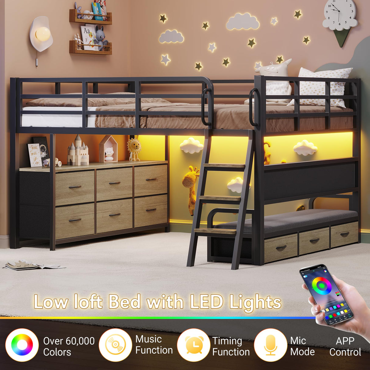 busyaeh Low Loft Bed Full Size,Full Loft Bed for Kids with 9 Storage Drawers & 15.8" H Safety Guardrail & Inclined Ladder & Safety Handrail & LED Lights and Charging Station,Toddler Loft Beds,Oak Gray busyaeh