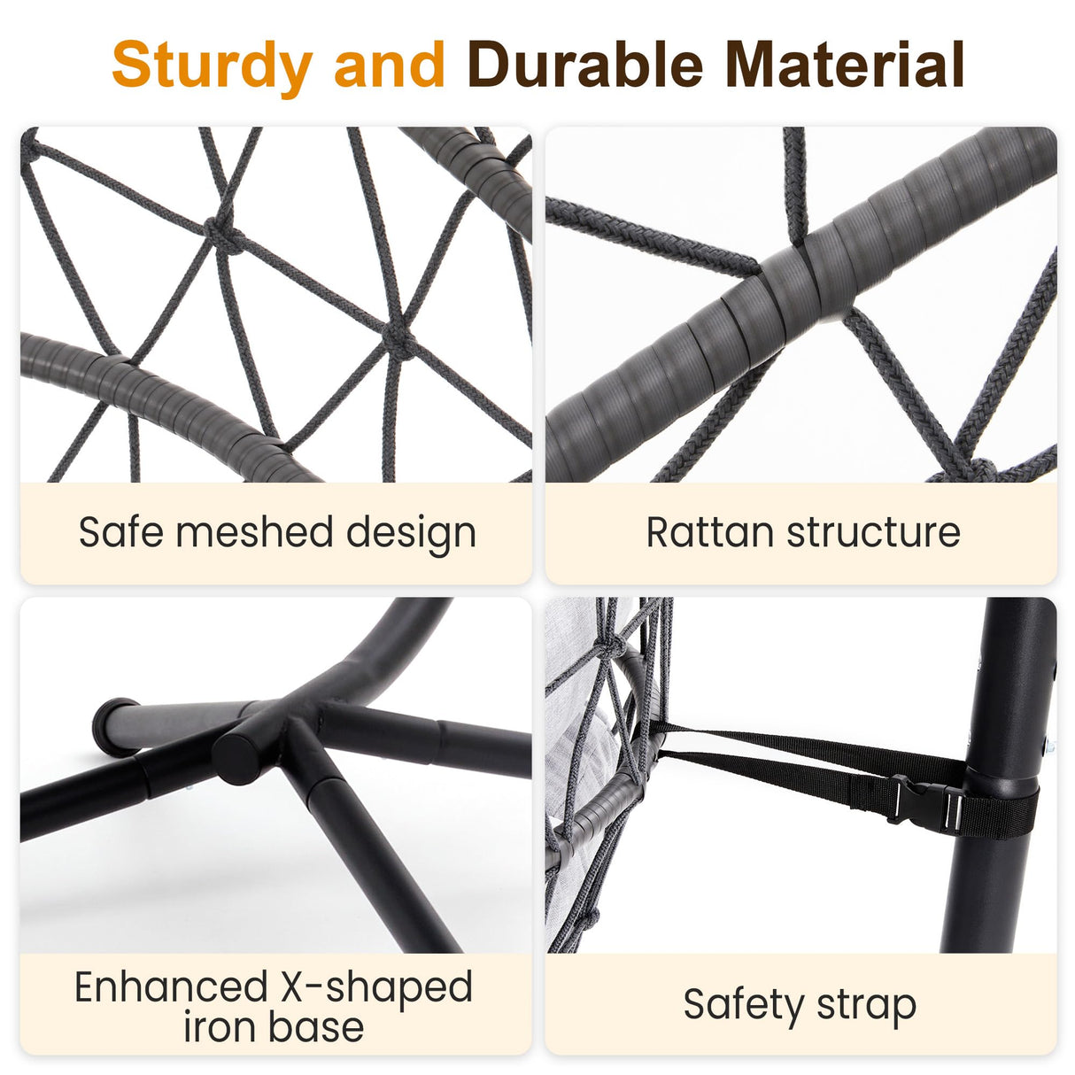 RoyalCraft Hanging Egg Chair Outdoor Swing Chair with Stand, Hammock Chair Indoor, Patio Boho Wicker Hanging Chair with Stand 350lbs Capacity for Garden, Balcony, Bedroom, Black & Gray RoyalCraft