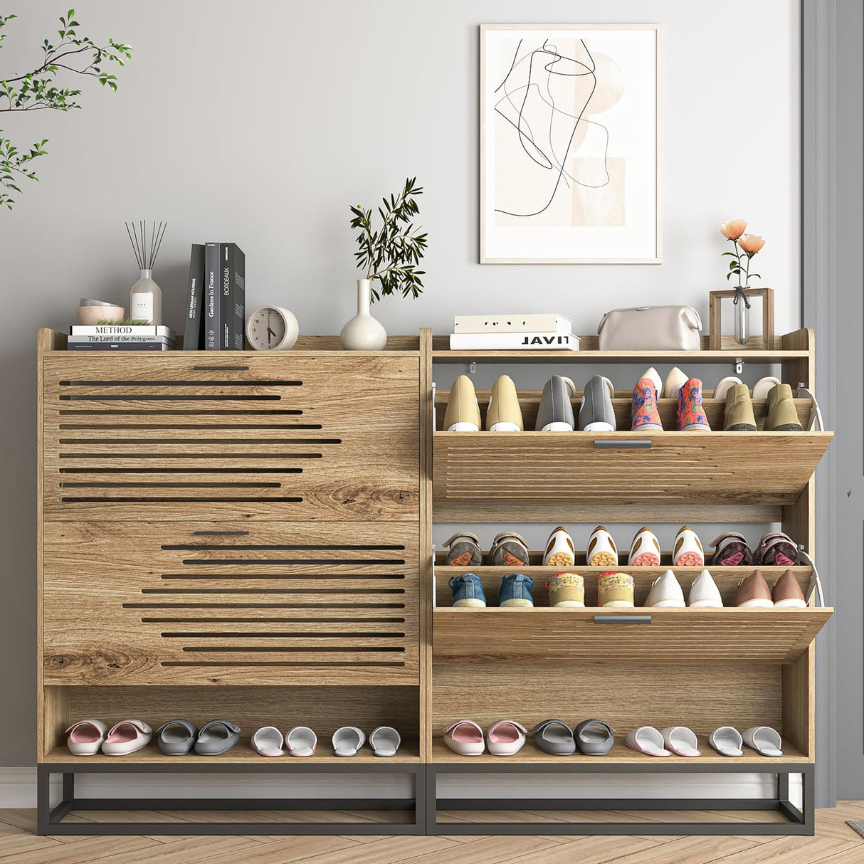 VERYKE Shoe Cabinet for Entryway,Slim Hidden Shoe Storage Cabinet with 2 Flip Hollowed Drawers, Wood Narrow Shoe Organizer Cabinet with Bottom Cubby and Metal Leg for Hallway,Closet VERYKE