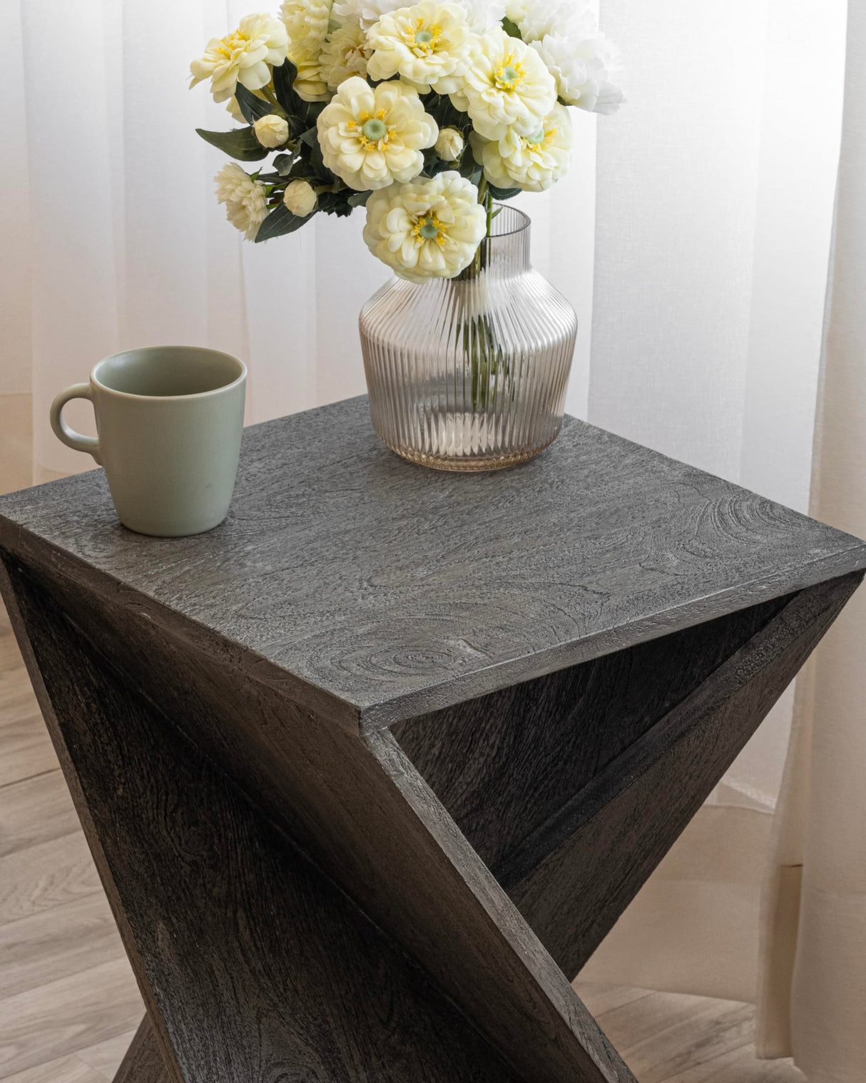 Albany Living Hand Made One-of-a-Kind Carved Mango Wood Twisted X Shape End Table, Distressed Grey Albany Living