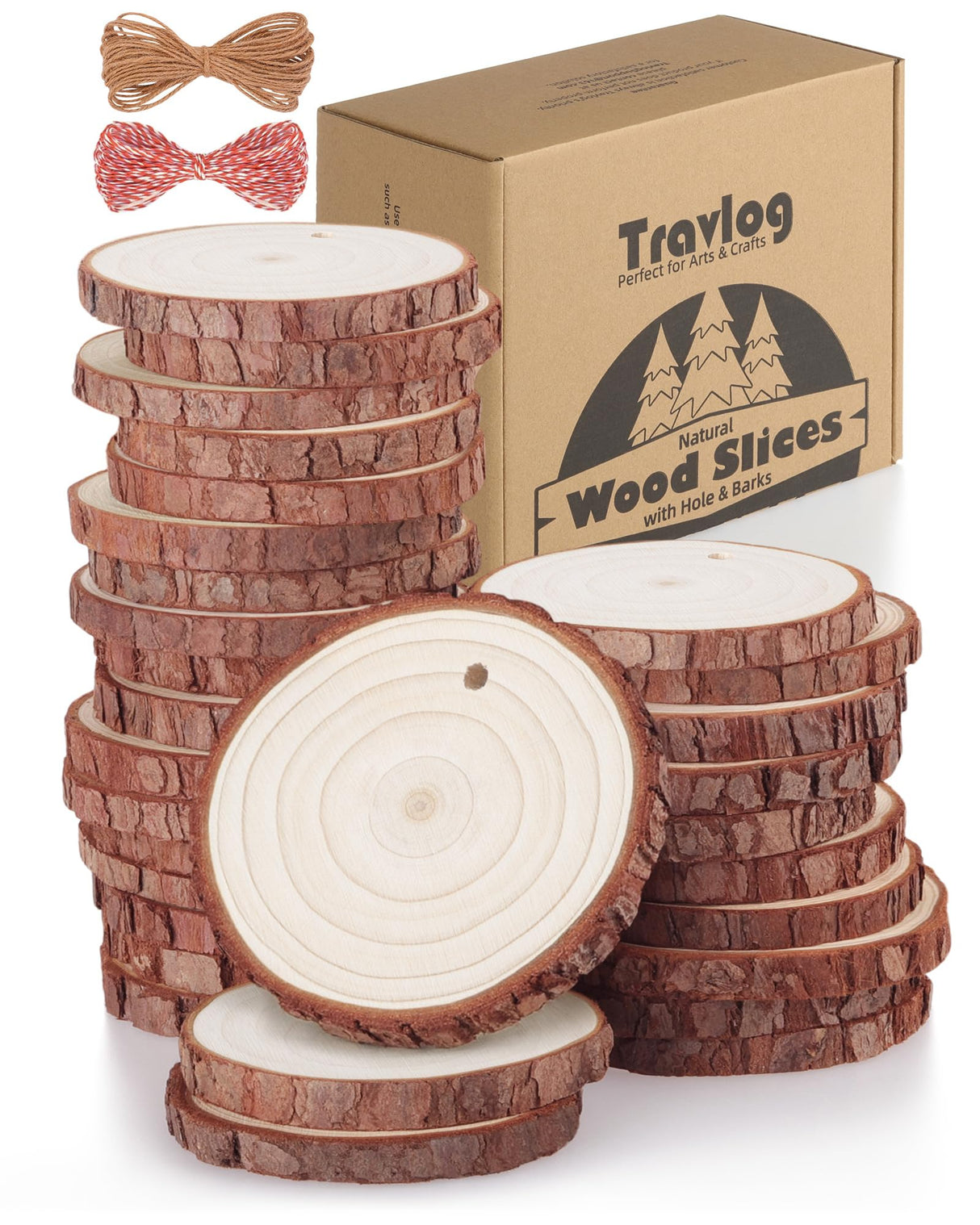 Travlog Unfinished Wood Slices with Hole, Natural Wood Circles Blank with Bark for DIY Crafts, Home Decor, Christmas Ornament (30Pcs, 2.4-2.8 Inch) Travlog