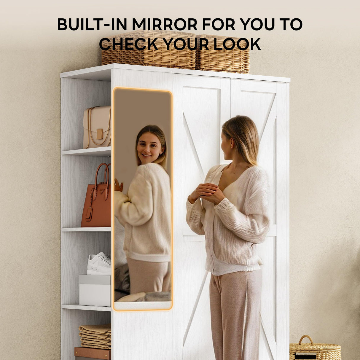 LIKIMIO Armoire Wardrobe Closet 70 Inches, Large Storage with Mirror, 2 Doors, Drawer, and Shelves, Modern Bedroom Freestanding Wooden Wardrobe Combination with Hanging Rail, White LIKIMIO