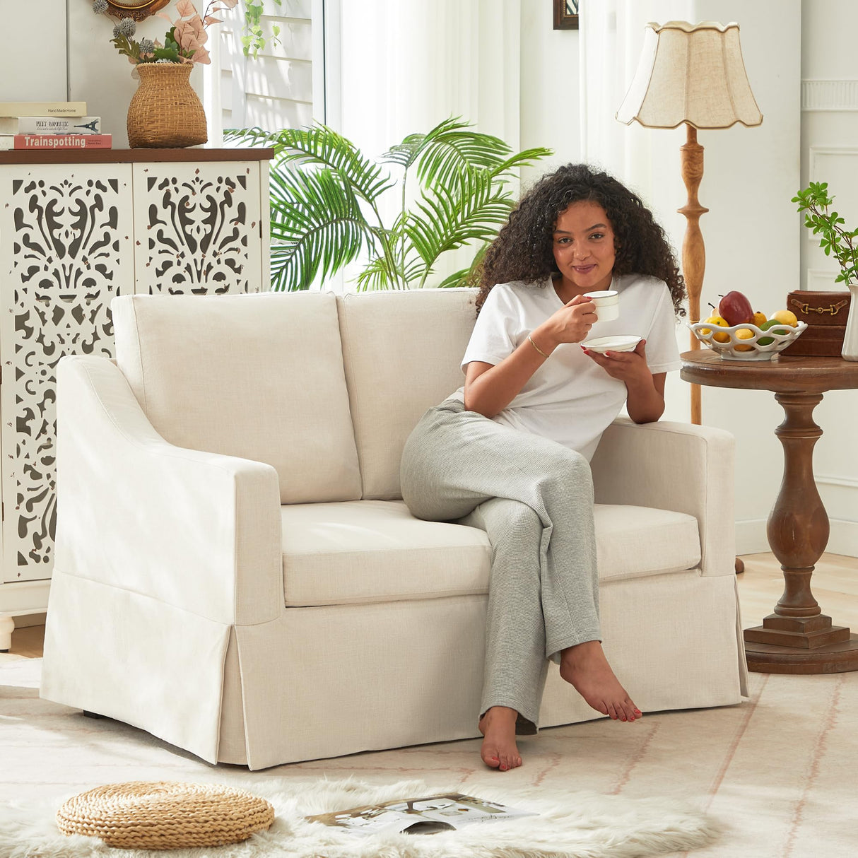 Tbfit 51" Loveseat Couch, Slipcovered Sofa, Small Sofas with Removable Cover, Pocket Spring Cushion, Mini Couches, Living Room Furniture for Home, Apartment, Farmhouse, Beige Tbfit